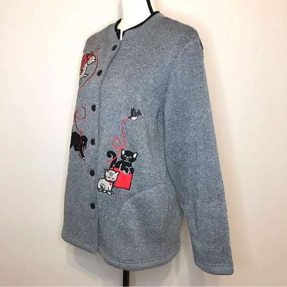 Vintage Holiday Embroidery Kitty Ugly Sweater Christmas Button Festive 90's Y2K - Picture 6 of 16